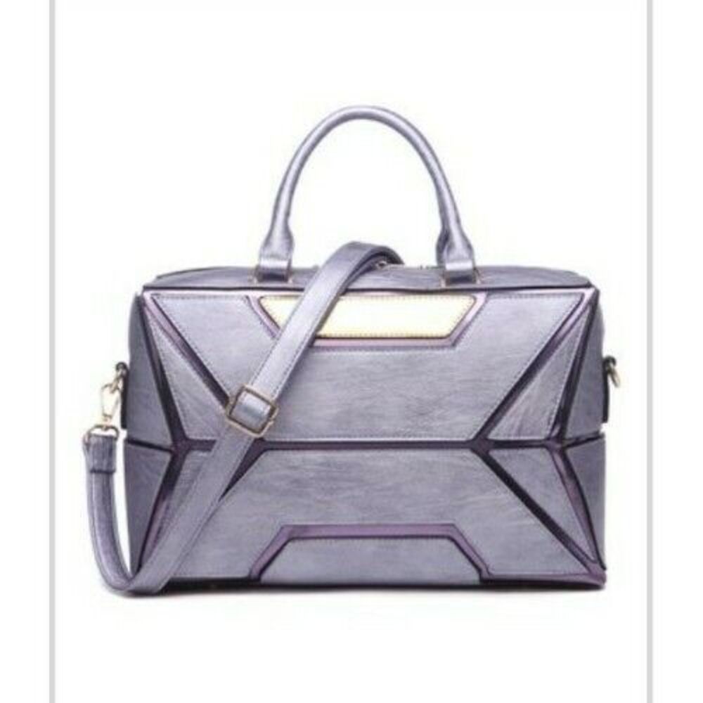 Segolene Paris Pewter Gray Geometric Satchel Handbag 14"x8"x5" Pockets Strap